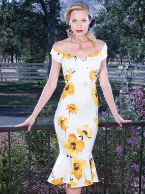 STOP STARING! ALICIA ESTRADA Floral Midi Dress Yellow White Retro Pinup 14